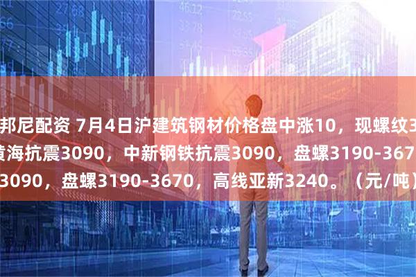 邦尼配资 7月4日沪建筑钢材价格盘中涨10，现螺纹3020-3150，联鑫黄海抗震3090，中新钢铁抗震3090，盘螺3190-3670，高线亚新3240。（元/吨）