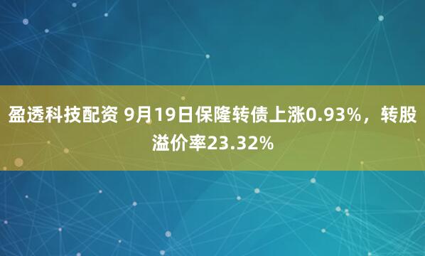 盈透科技配资 9月19日保隆转债上涨0.93%，转股溢价率23.32%